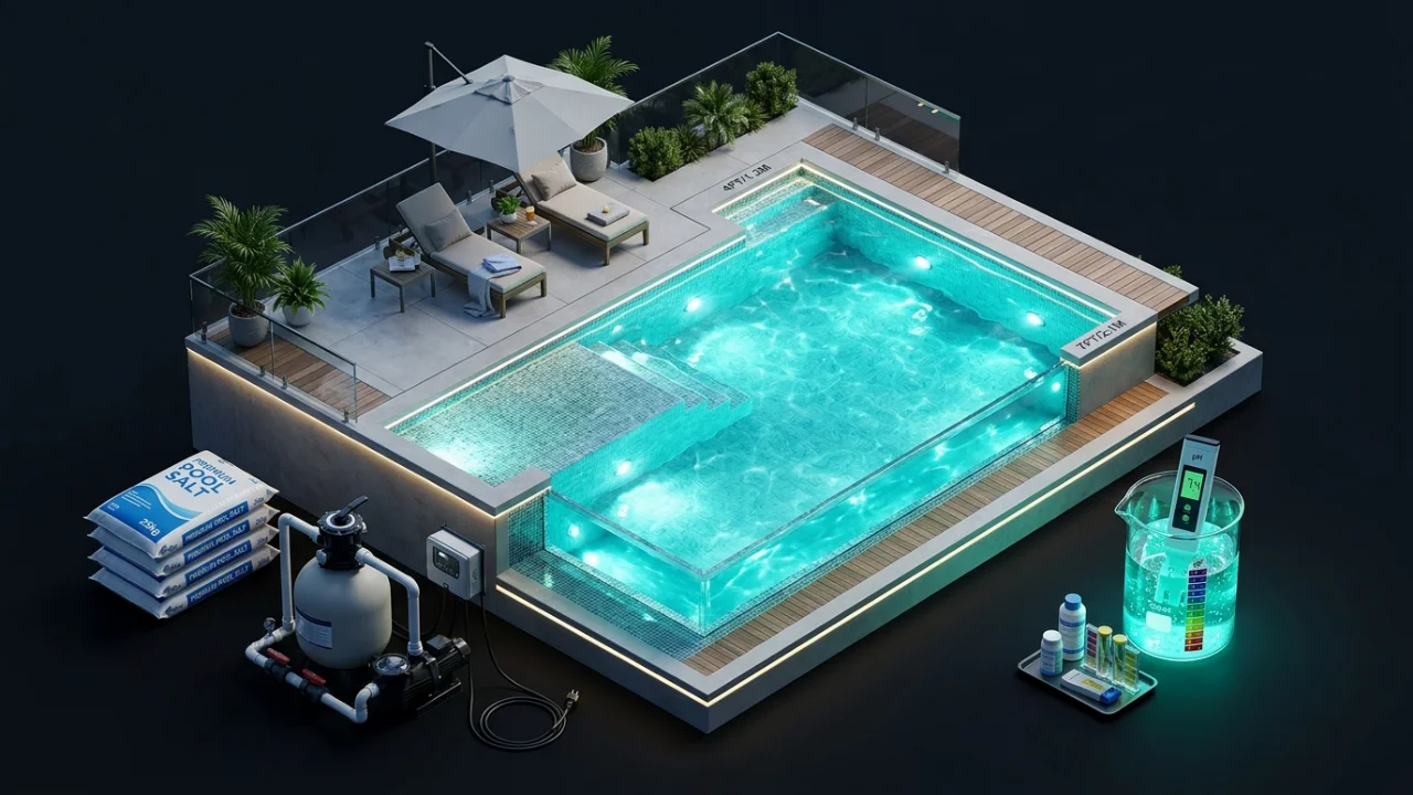Calculadora de volumen de piscina y dosificación química (cloro, pH y sal)