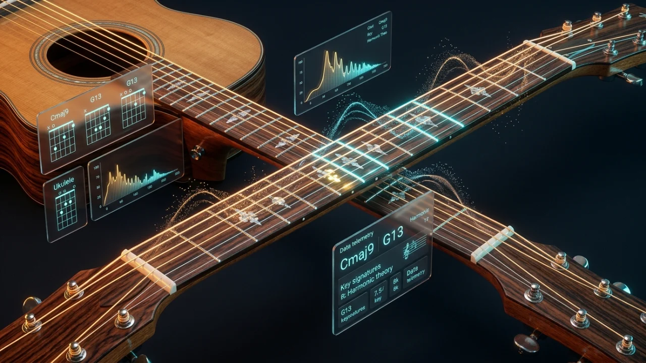Diccionario interactivo de acordes de guitarra y ukelele con buscador inverso