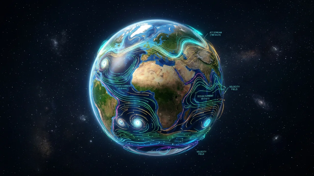 Globo terráqueo de vientos y corrientes oceánicas en 3D