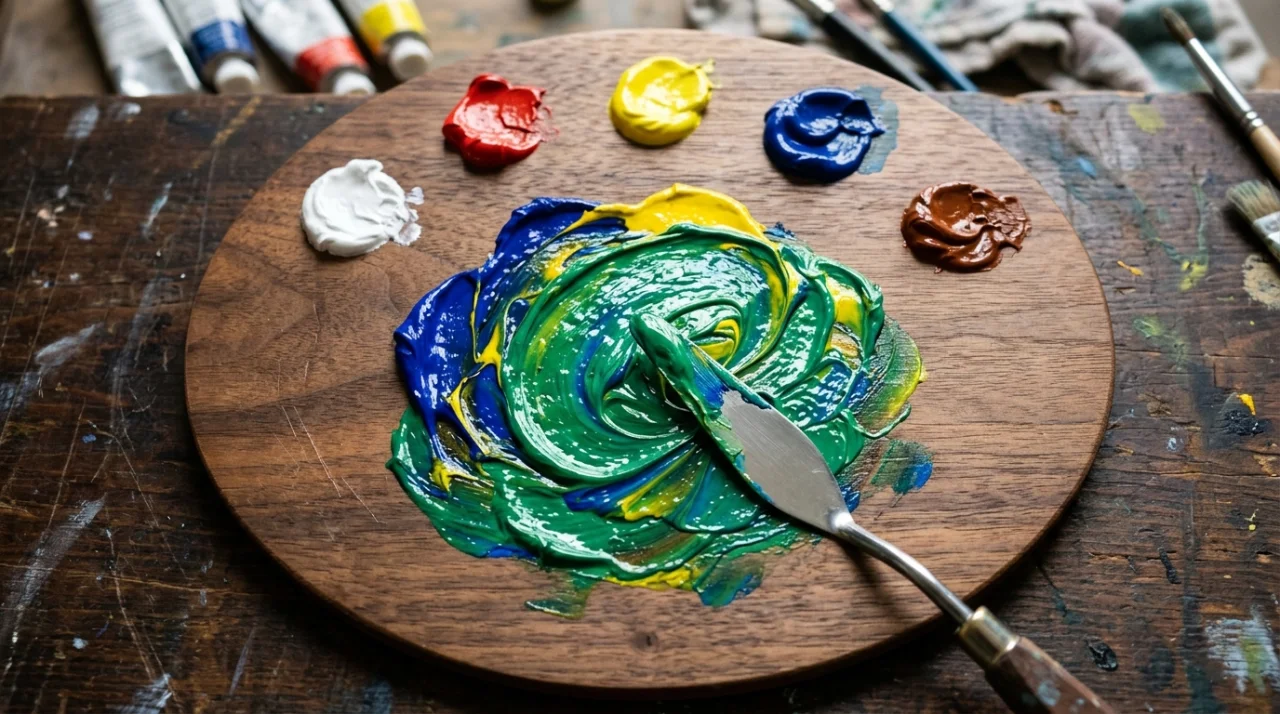 Mezclador de colores realista y paleta de pintor al óleo