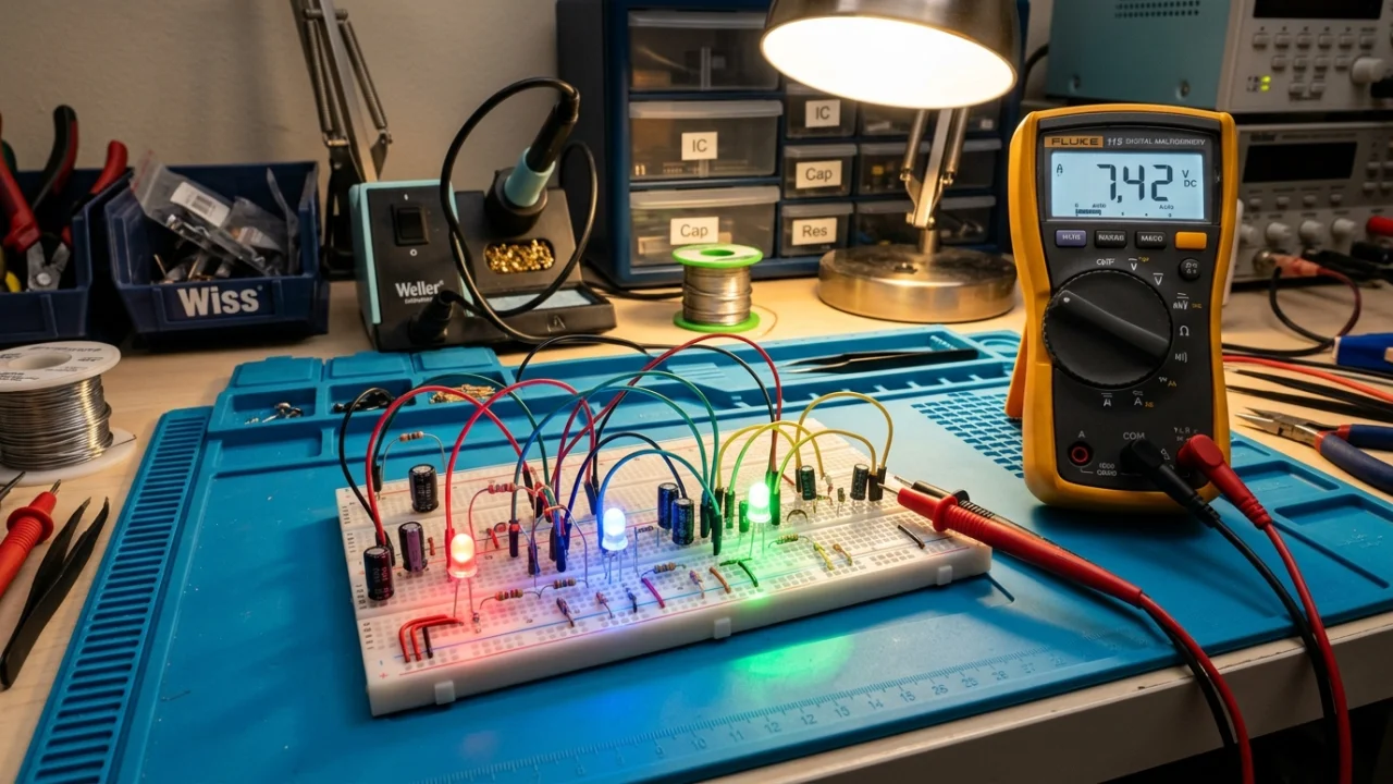 Simulador de circuitos electrónicos 3D y banco de pruebas interactivo