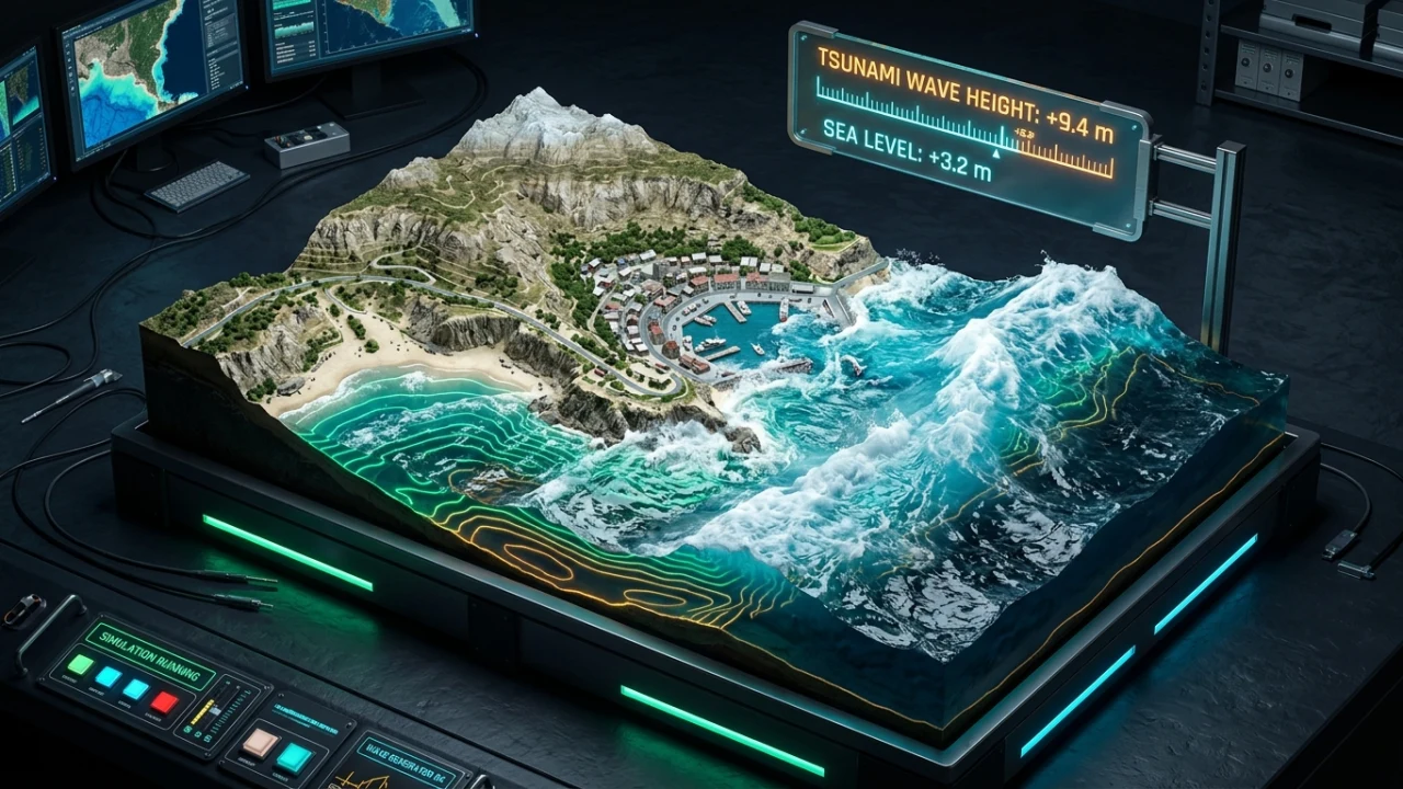 Simulador topográfico de subida del nivel del mar y tsunamis 3D