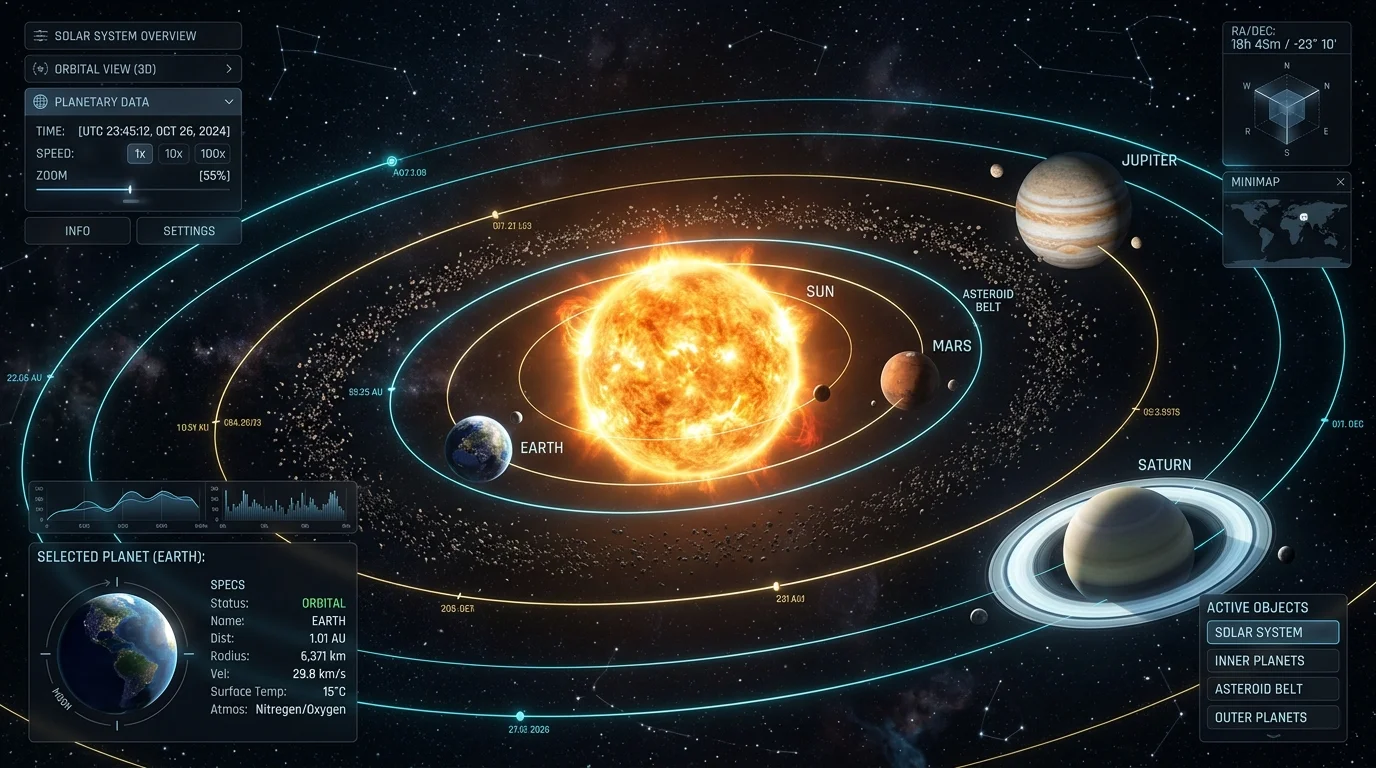Sistema solar 3D hiperrealista, planetario interactivo y órbitas