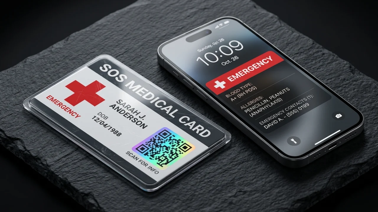 Tarjeta médica de emergencia SOS y ficha de rescate