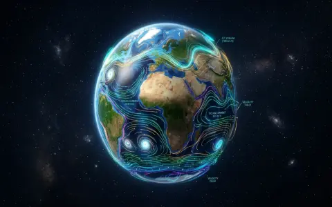 Globo terráqueo de vientos y corrientes oceánicas en 3D