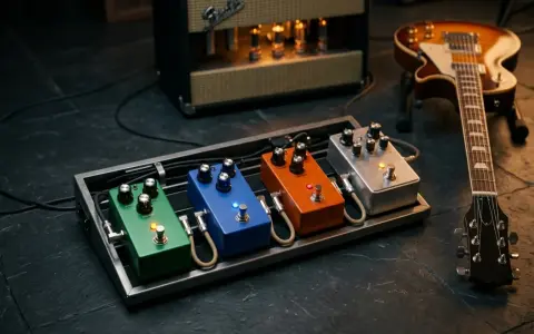 Pedalera de efectos de guitarra, micrófono y amplificador en directo