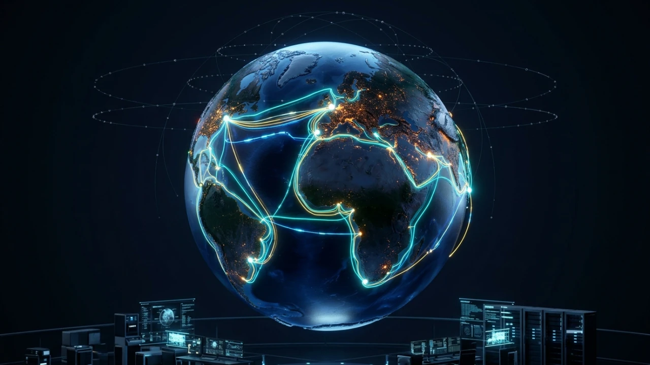 Visor 3D de cables submarinos y satélites de internet del mundo