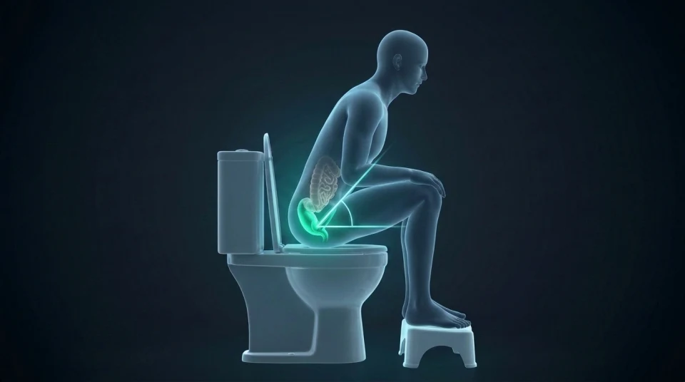 Ilustración anatómica 3D de la postura fisiológica a 35 grados con taburete de inodoro donde el músculo puborrectal se relaja y alinea el canal