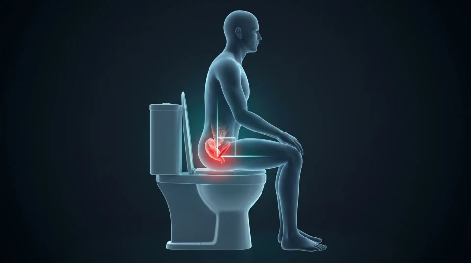 Ilustración anatómica 3D de la postura sentada a 90 grados en el inodoro donde el músculo puborrectal estrangula el recto